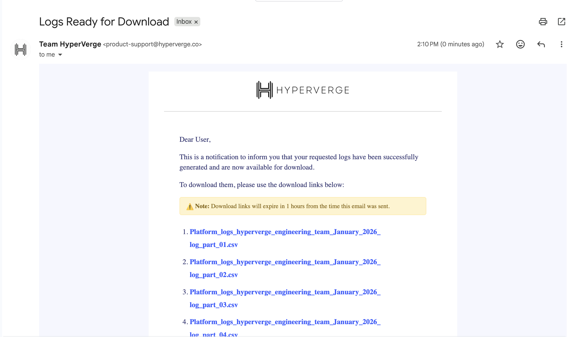 Download logs email sample