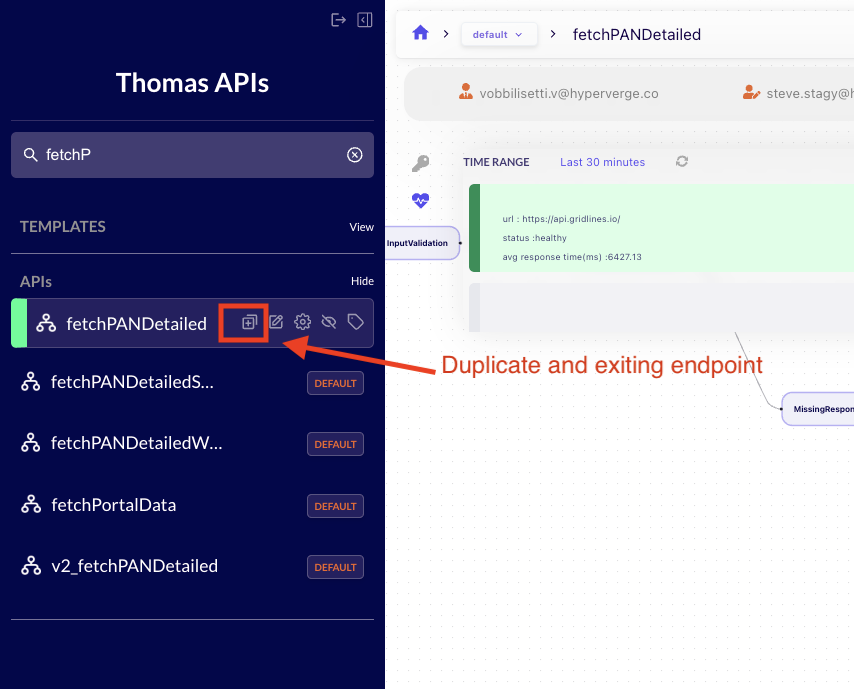 Thomas UI showing the Duplicate API action